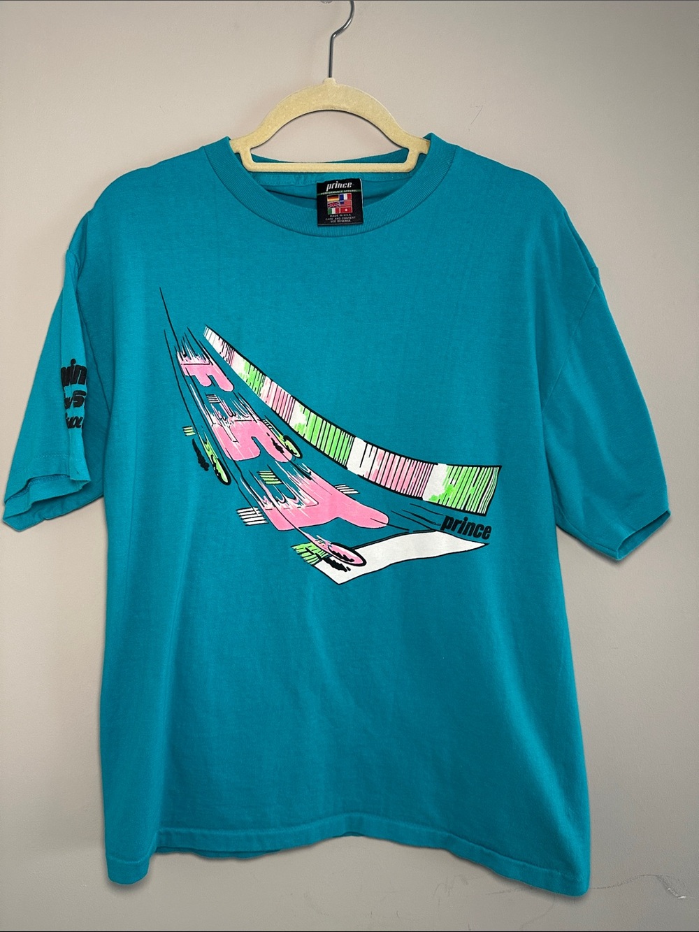 Prince vintage 90s FST Teal Tee Pink Green Graphic tennis faded t-shirt